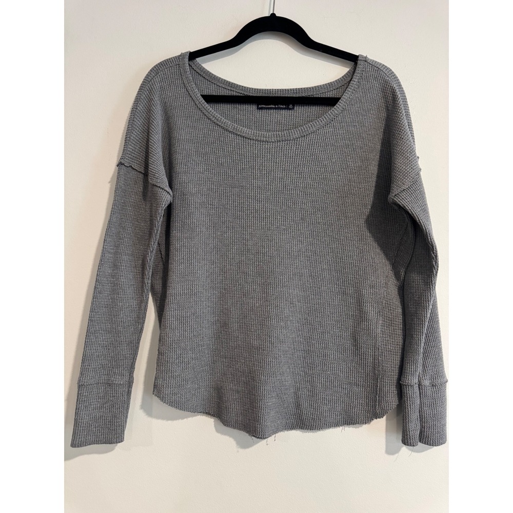 Abercrombie & Fitch Waffle Knit Thermal Women Medium Grey Raw Edge Seam